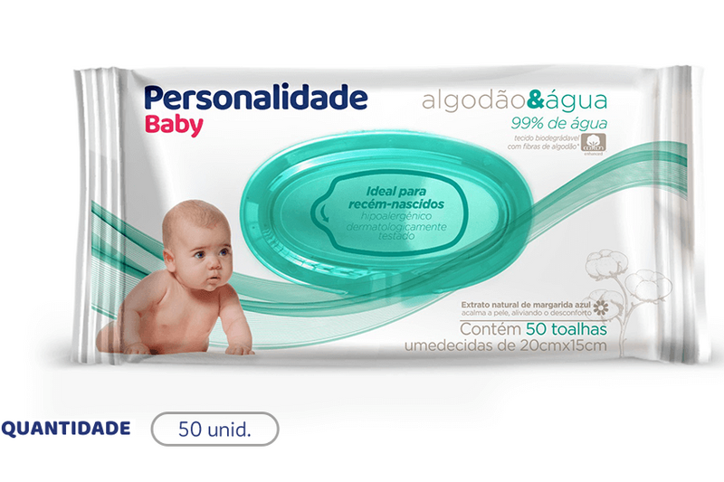 Lenços Umedecidos Personalidade Baby Algodão E Água Com 50 Unidades